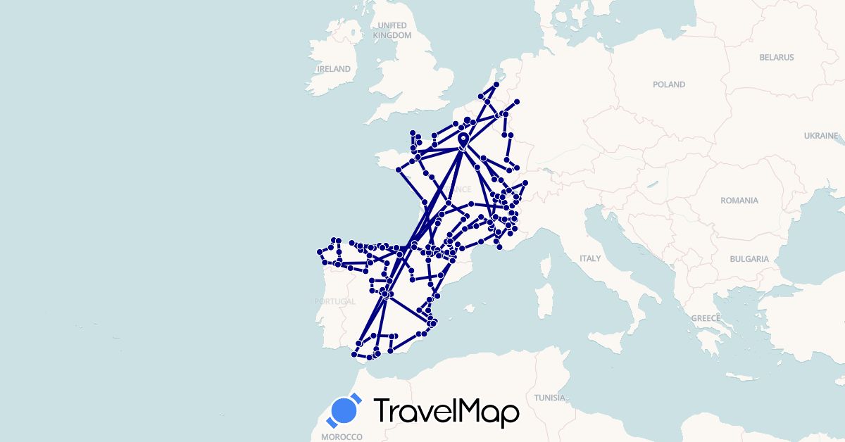 TravelMap itinerary: driving in Andorra, Belgium, Switzerland, Germany, Spain, France, Luxembourg, Netherlands (Europe)